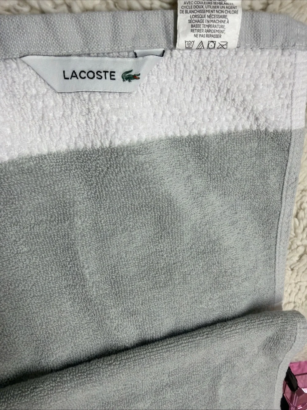 Lacoste White Towel with Gray Band and Green Crocodile Embroidery 100% Cotton
